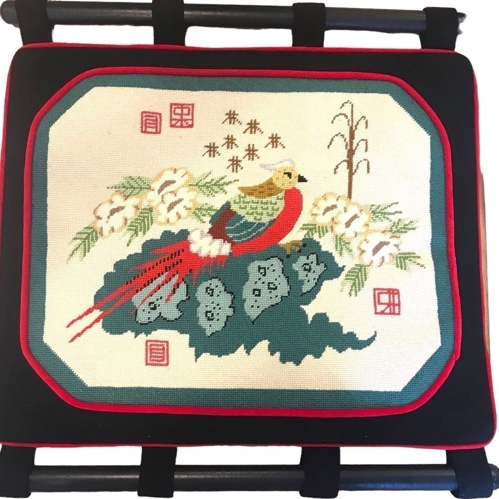 Vintage Needlepoint Oriental Asian Bird Floral Nature Scene Art Wall Decor